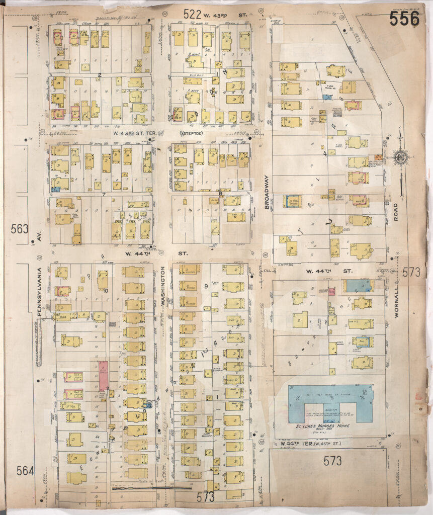 Sanborn Fire insurance map of the blocks that made up the Steptoe area. Steptoe is in the middle at 43rd st. terrace. 43rd street on the north, broadway on the east, Jefferson on the west, and 44th street on the south.
