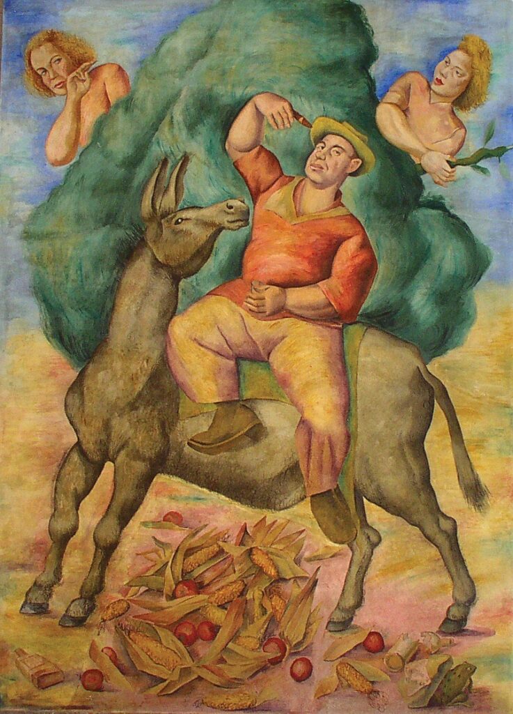 One of Luis Quintanilla's murals at UMKC. Sancho Panza sits on a donkey. His wife and daughter are behind a bush. Corn and broken alcohol bottles litter the ground.
