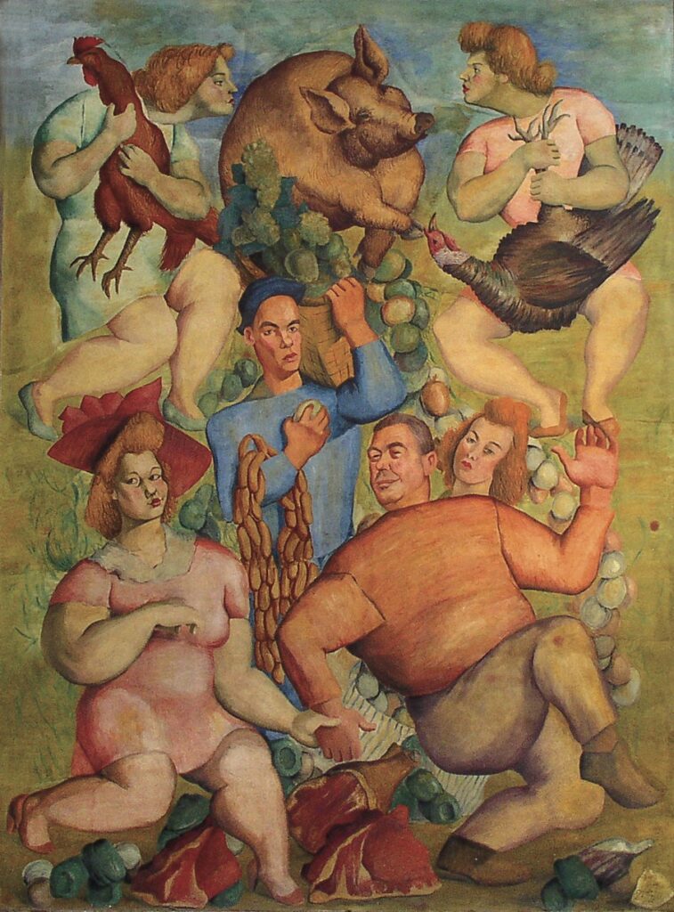 One of Luis Quintanilla's murals at UMKC. Sancho Panza is surrounded by people and abundant food-- including well fed livestock.