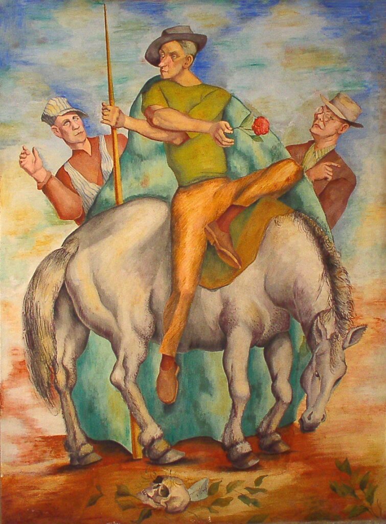 One of Luis Quintanilla's murals at UMKC. Don Quixote wears a cape and sits on a horse. Two people are behind him and a skull is on the ground.