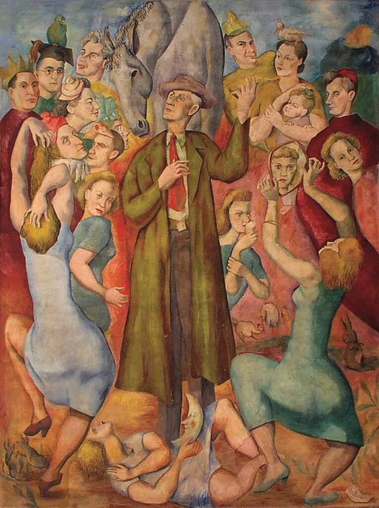One of Luis Quintanilla's murals at UMKC. Don Quixote stands in a crowd of adoring people.