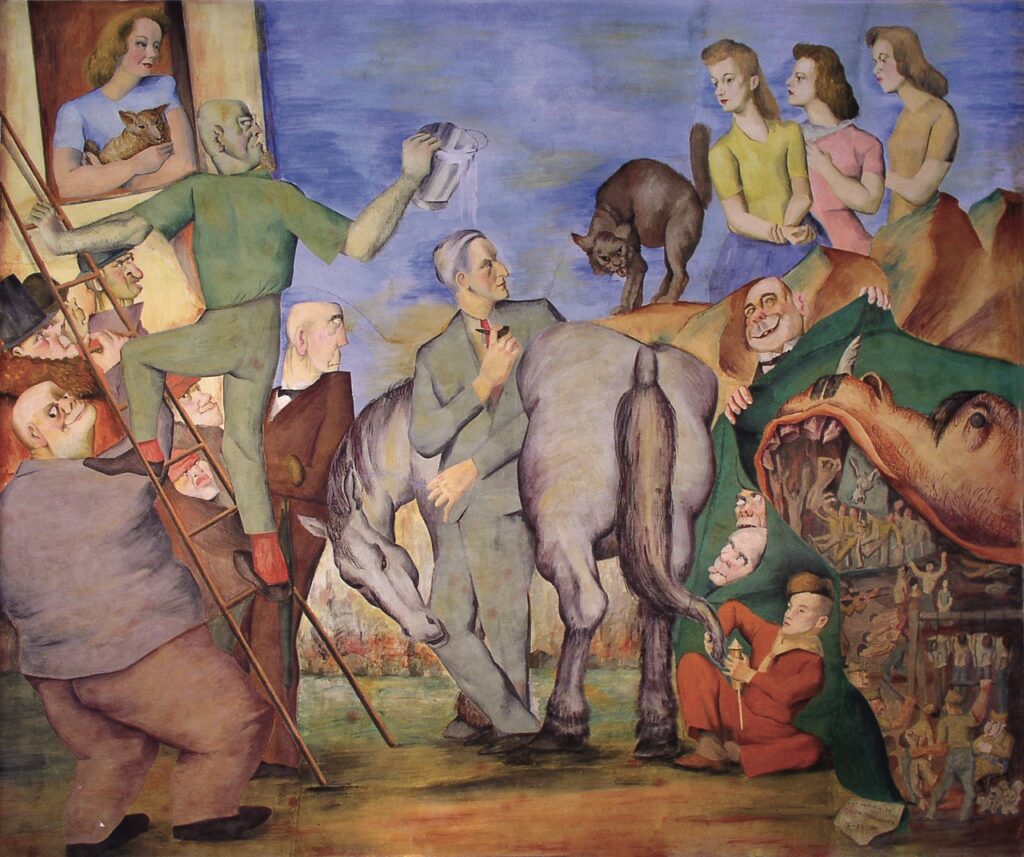 One of Luis Quintanilla's murals at UMKC. Don Quixote wears a suit and stands with a horse. On the left, a man on a ladder holds a bucket above his head. One woman and five men stand behind the ladder-- including a Mussolini look-a-like. A woman in a tower holds a cat and looks at the man. On the right, a Hitler look-a-like pulls sheet back and reveals a beast with suffering people laboring within its mouth.