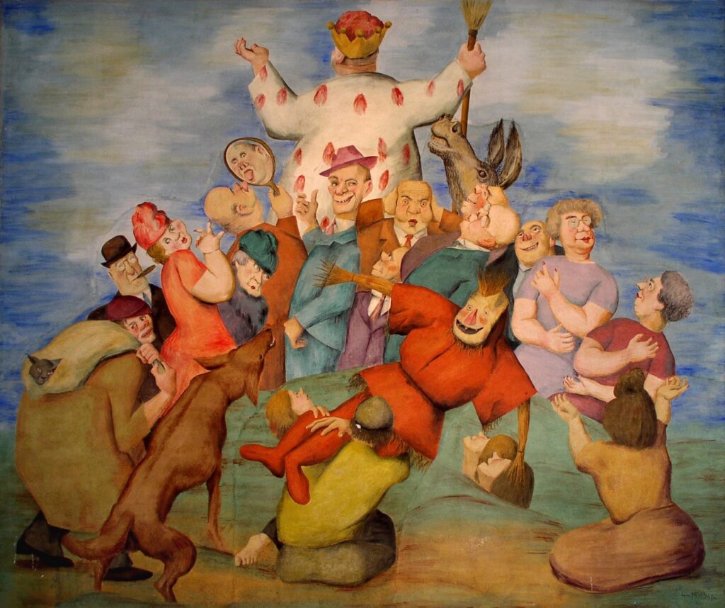 One of Luis Quintanilla's murals at UMKC. Sancho Panza, wearing a king's crown and holding a broom, turns his back to a horde of scheming people and his donkey.